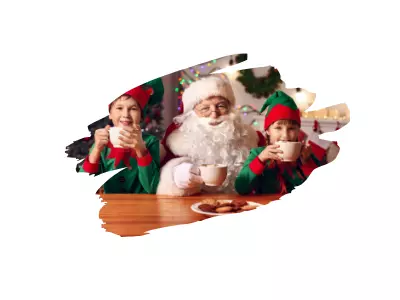 Le Père Noël et ses lutins accueillant des enfants lors d'une animation de Noël